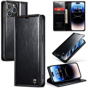 CaseMe Black iPhone 15 Pro Max Soft PU Leather Flip Wallet Case with 2 Credit Ca